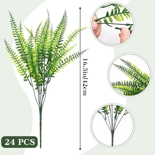 Waipfaru 24 Bundle Artificial Boston Ferns for Indoor Outdoor Decor