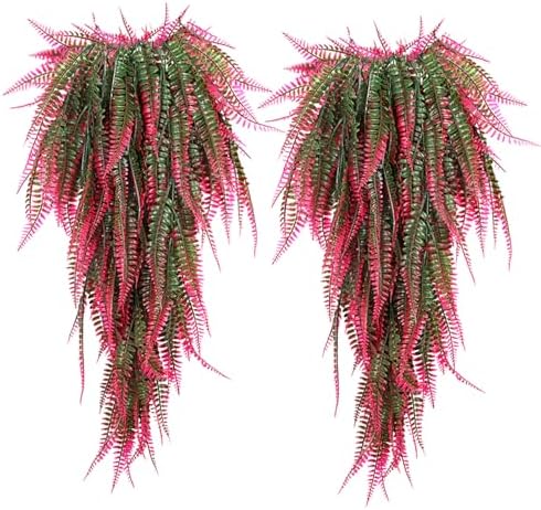 RECUTMS 4 Pcs Artificial Hanging Boston Ferns Plants Faux Greenery Wall Decor for Indoor Outdoor Garden Wedding Pink