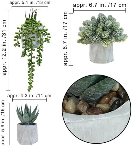 Winlyn Set of 3 Mini Artificial Succulent Plants in Gray Hexagon Ceramic Pots