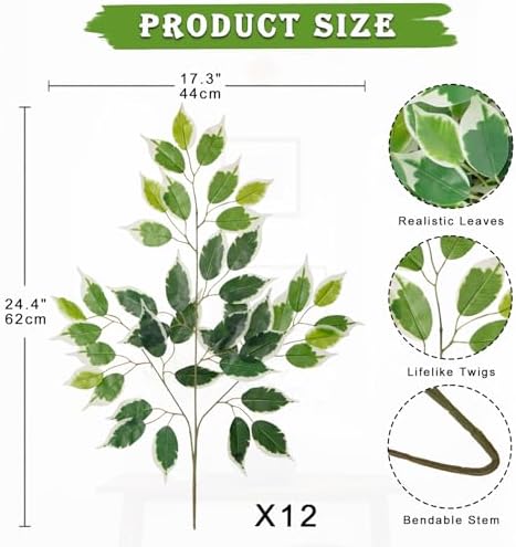 12PCS Ficus Artificial Branches 24 Greenery Decor
