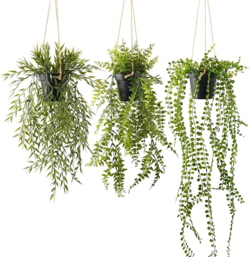 3 Packs Fake Hanging Plants with Pots and Twines for Wall Decor