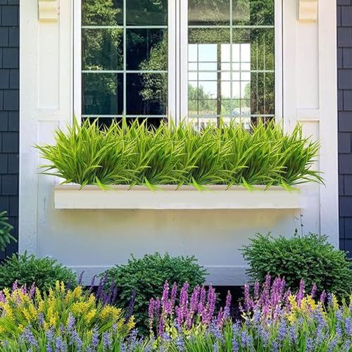 FANMINI 8 Bundle Artificial Grass Plants 17 Inch UV Resistant Faux Greenery for Home Garden Decor