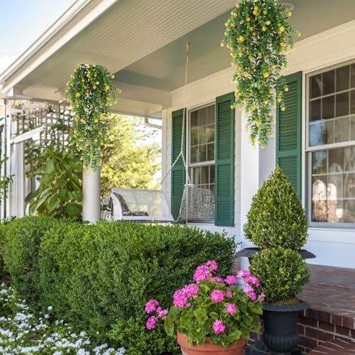 RECUTMS 4 Pack Hanging Eucalyptus Artificial Ivy Faux Plants UV Resistant Greenery for Outdoor Indoor Decor Yellow