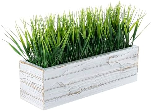 MyGift 14 Inch Artificial Grass in Shabby White Wood Planter