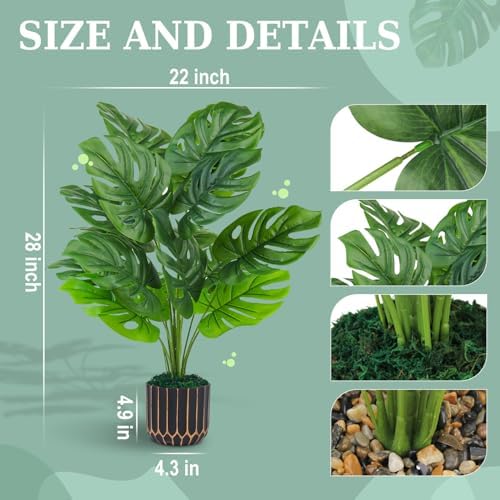 28 Artificial Monstera Faux Plants with Black Pot for Indoor Outdoor Decor