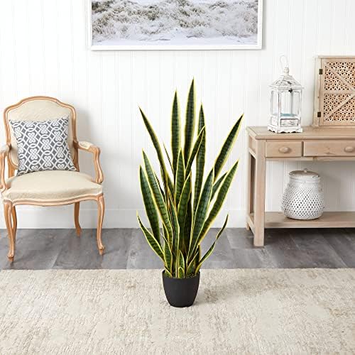 Nearly Natural 4-ft Artificial Snake Plant in Black Planter