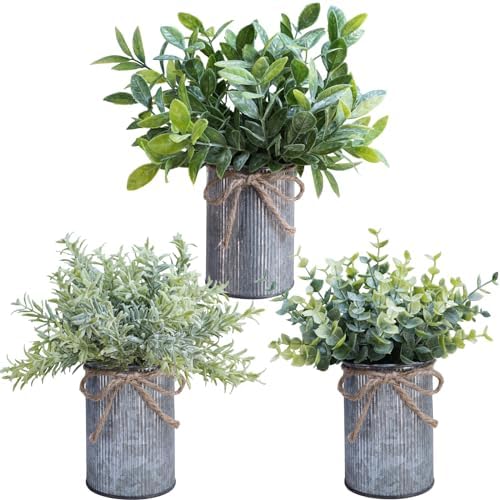 Winlyn 3 Pack Faux Plants in Metal Pots Farmhouse Centerpieces