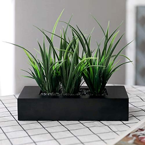 MyGift Artificial Green Grass Plants in Matte Black Wooden Planter