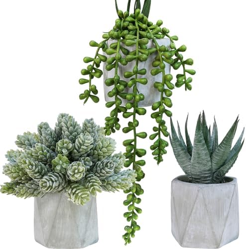 Winlyn Set of 3 Mini Artificial Succulent Plants in Gray Hexagon Ceramic Pots