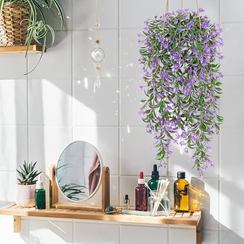 TOCHGREEN 4Pcs Artificial Hanging Plants with Purple Flowers