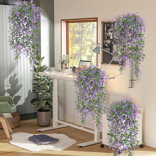 TOCHGREEN 4Pcs Artificial Hanging Plants with Purple Flowers