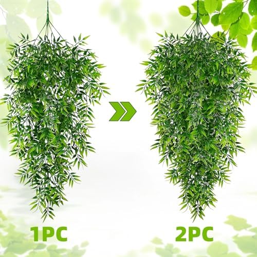 2Pcs Artificial Hanging Plants Fake Plants for Decor Greenery Vine Rattan
