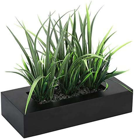 MyGift Artificial Green Grass Plants in Matte Black Wooden Planter