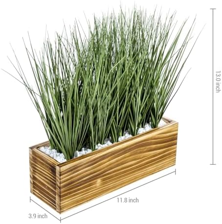 MyGift Artificial Grass in Rustic Burnt Wood Planter Box