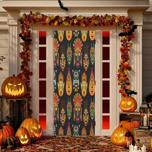 Susiyo Ethnic Masks Halloween Door Cover Stretch Fabric Door Decoration for Home Party