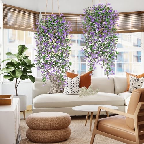 TOCHGREEN 4Pcs Artificial Hanging Plants with Purple Flowers