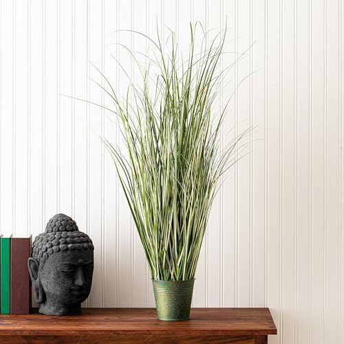 Vickerman 37 Inch Artificial Variegated Green Grass with Iron Pot