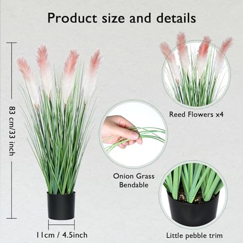 33 Inch Tall Artificial Reed Pampas Grass Plant with Black Pot Pink Beige