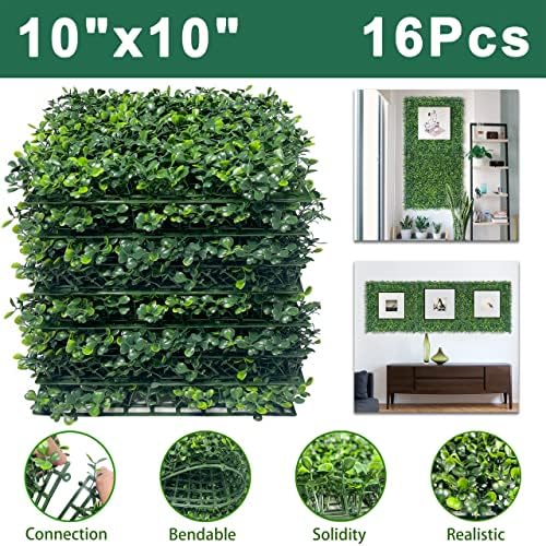 Bybeton Artificial Grass Wall Panels 10x10 16Pcs Boxwood Privacy Faux Green Wall Decor