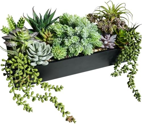 Winlyn 15 Inch Artificial Succulent Arrangement in Rustic Black Wooden Planter