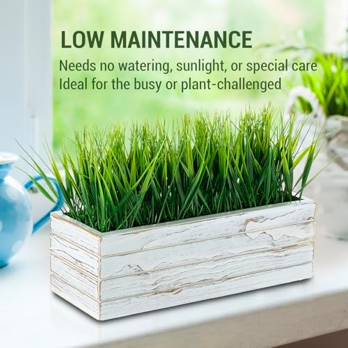 MyGift 14 Inch Artificial Grass in Shabby White Wood Planter