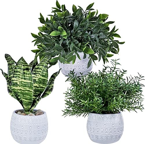 Winlyn 3-Piece Artificial Plant Set - Eucalyptus Rosemary Tropical Snake Plant with White Geometric Pots