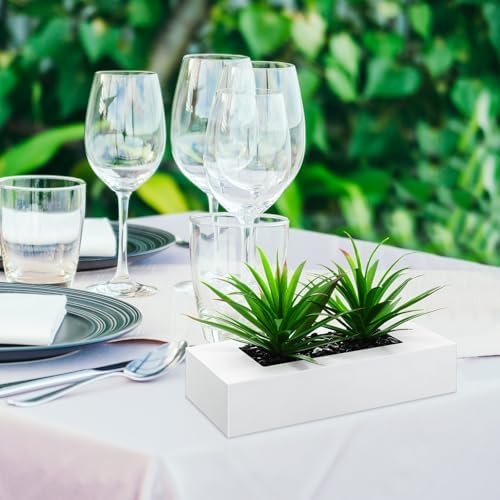 Hotop 2 Pcs Artificial Green Grass Plants in White Wood Planter Pots