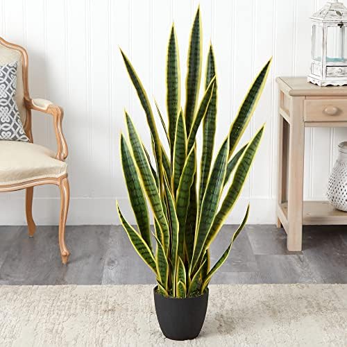 Nearly Natural 4-ft Artificial Snake Plant in Black Planter