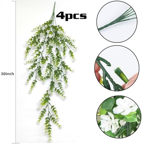 Toprooms 4 Pack Artificial Hanging Plants White Faux Ferns Ivy Vines for Home Office Decor