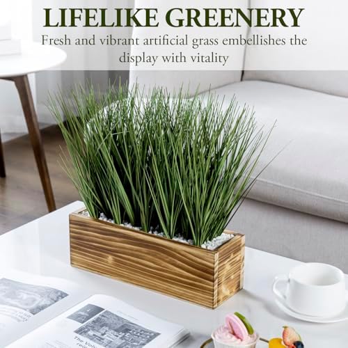 MyGift Artificial Grass in Rustic Burnt Wood Planter Box