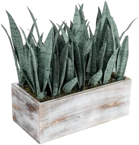 MyGift 15-Inch Artificial Snake Plant Centerpiece in White Wood Planter