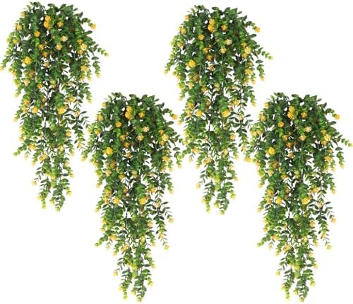 RECUTMS 4 Pack Hanging Eucalyptus Artificial Ivy Faux Plants UV Resistant Greenery for Outdoor Indoor Decor Yellow
