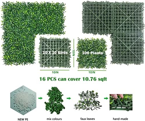 Bybeton Artificial Grass Wall Panels 10x10 16Pcs Boxwood Privacy Faux Green Wall Decor