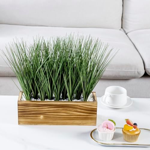 MyGift Artificial Grass in Rustic Burnt Wood Planter Box