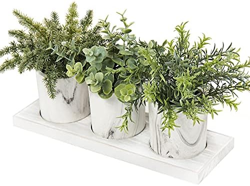 3 Pack Mini Potted Fake Plants Artificial Eucalyptus Rosemary with Wooden Tray Dusty Green Home Decor