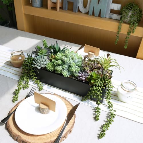 Winlyn 15 Inch Artificial Succulent Arrangement in Rustic Black Wooden Planter