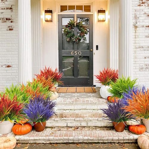 FANMINI 8 Bundle Artificial Grass Plants 17 Inch UV Resistant Faux Greenery for Home Garden Decor