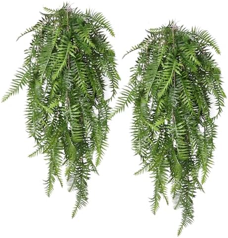 RECUTMS Artificial Hanging Ferns 2 Pack Green UV Resistant Faux Greenery Plastic Garland for Indoor Outdoor Decorations