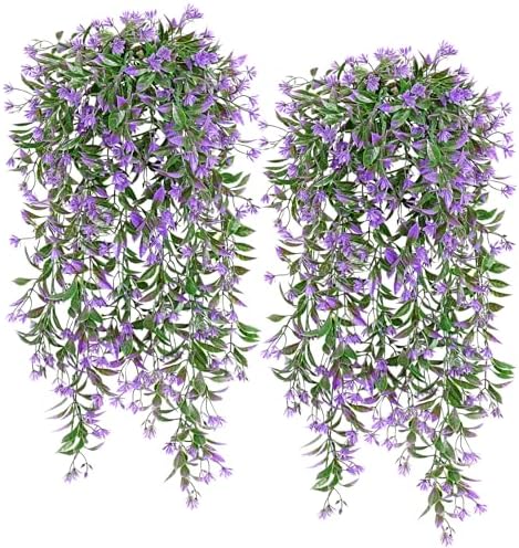 TOCHGREEN 4Pcs Artificial Hanging Plants with Purple Flowers