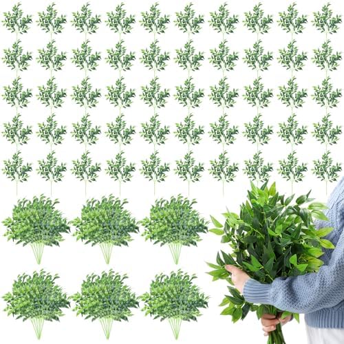 Xinnun 100 Pcs Artificial Italian Ruscus Greenery Stems