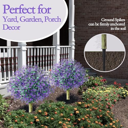 Artificial Topiary Ball Trees with Ground Spike Set of 2 UV Resistant Fake Greenery