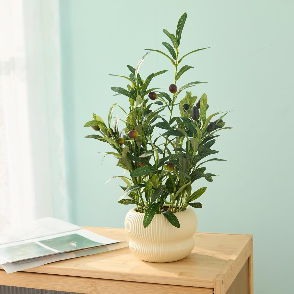 16 Inch Fake Olive Plant with Creamic Planter for Home Office