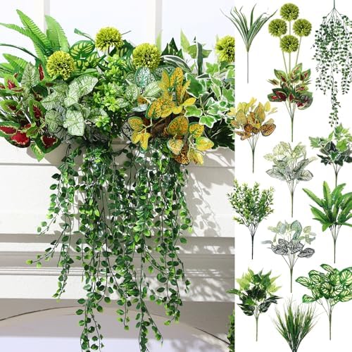 Giegxin 18 Pcs Artificial Plants Set for Outdoor Decor
