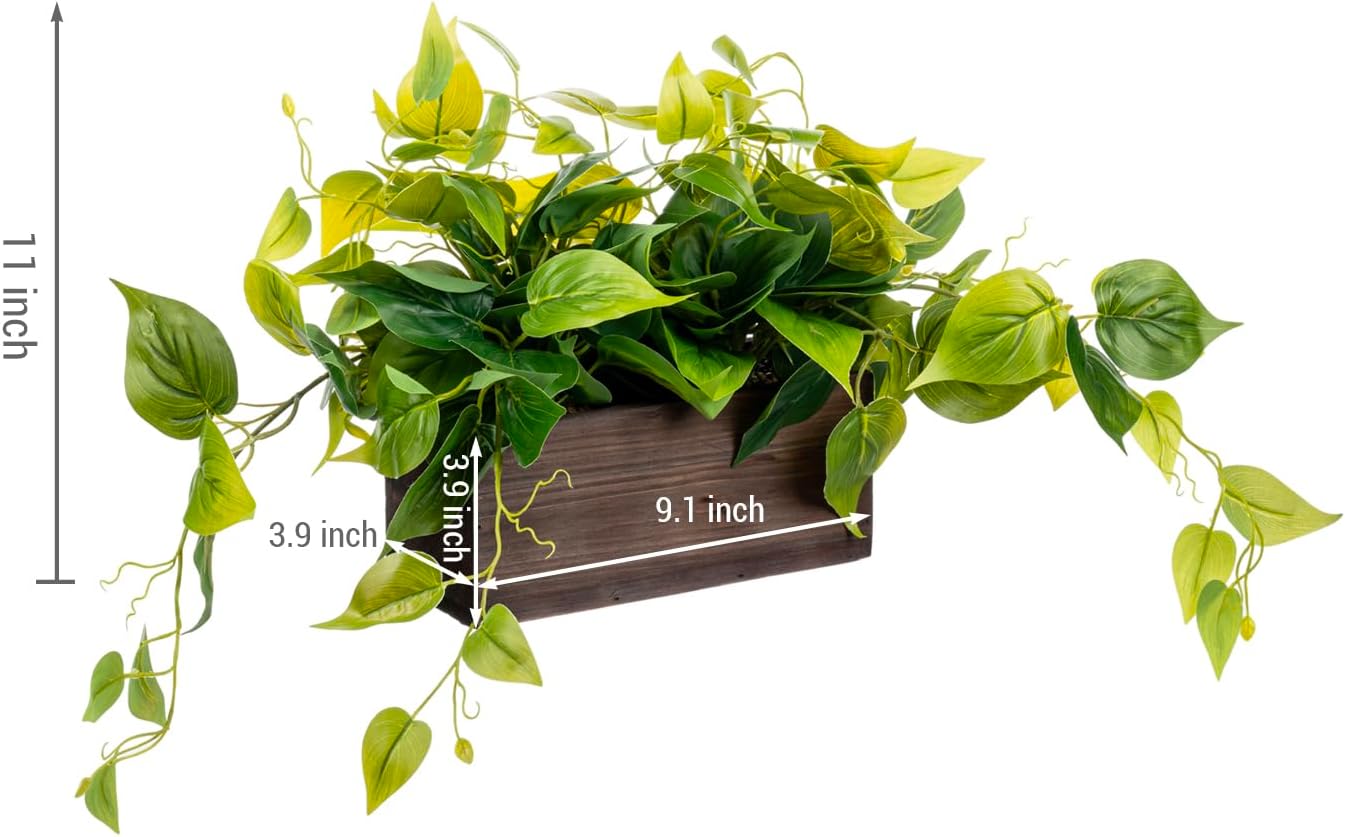 MyGift Vibrant Artificial Pothos Plant in Burnt Brown Wood Planter