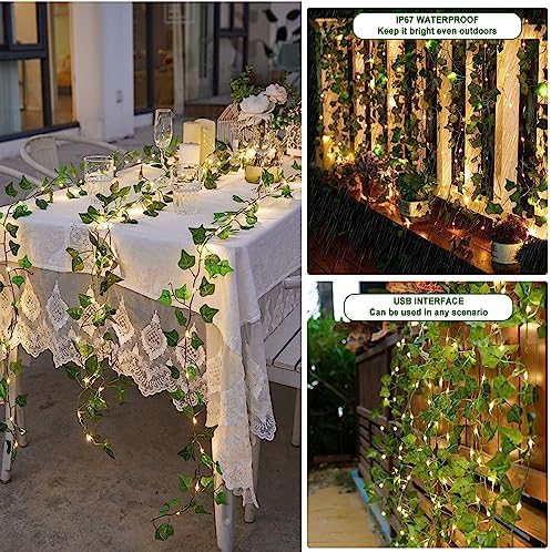 HXWEIYE 12 Pack Artificial Ivy Garland with 200LED String Light