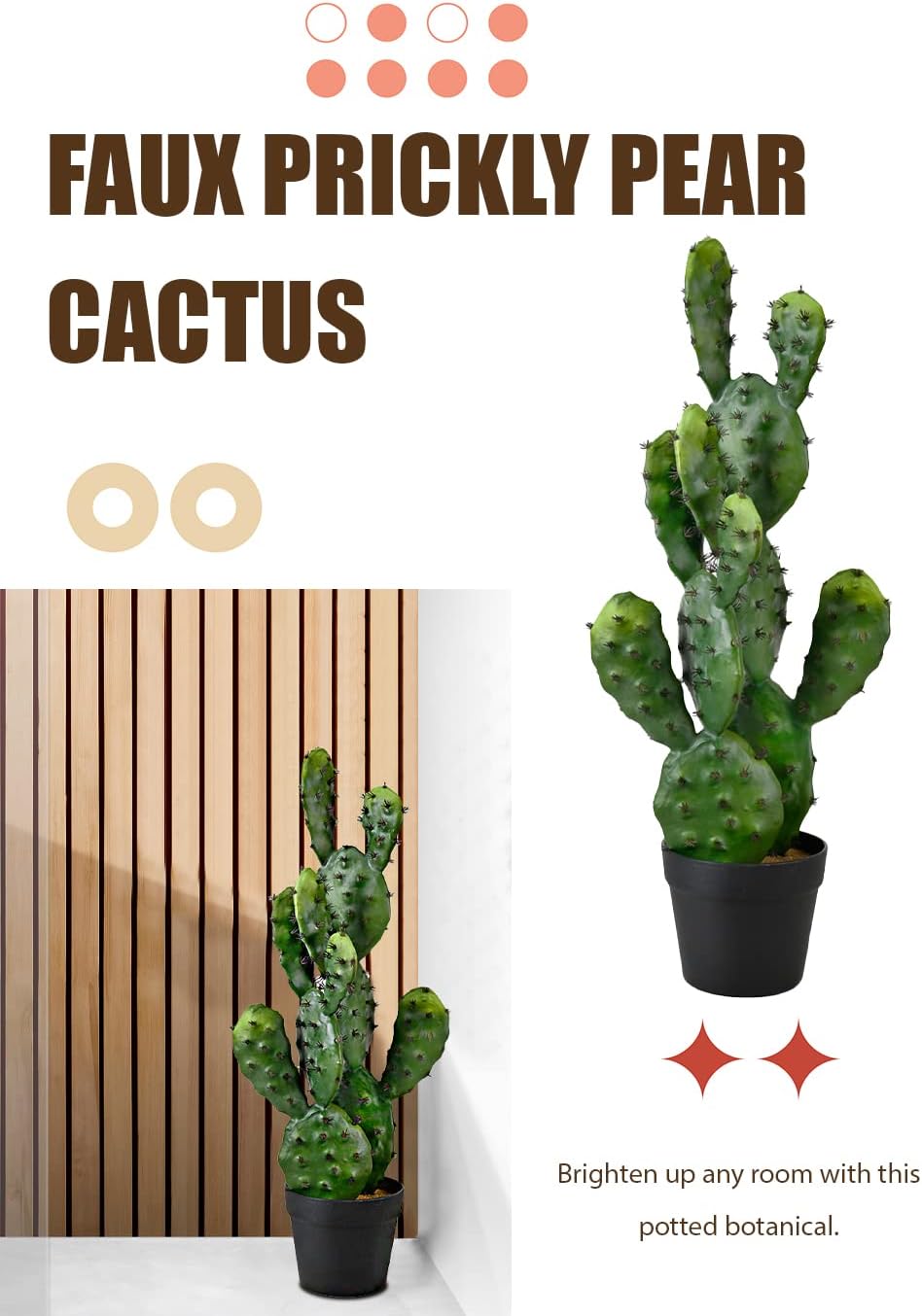 Serene Spaces Living Artificial Prickly Pear Cactus in Black Pot
