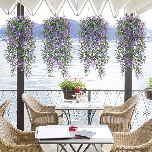 TOCHGREEN 4Pcs Artificial Hanging Plants with Purple Flowers
