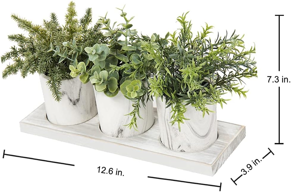 3 Pack Mini Potted Fake Plants Artificial Eucalyptus Rosemary with Wooden Tray Dusty Green Home Decor