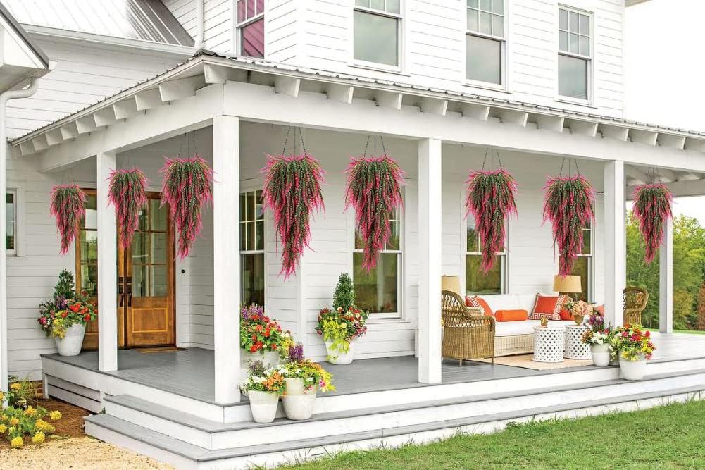 RECUTMS 4 Pcs Artificial Hanging Boston Ferns Plants Faux Greenery Wall Decor for Indoor Outdoor Garden Wedding Pink