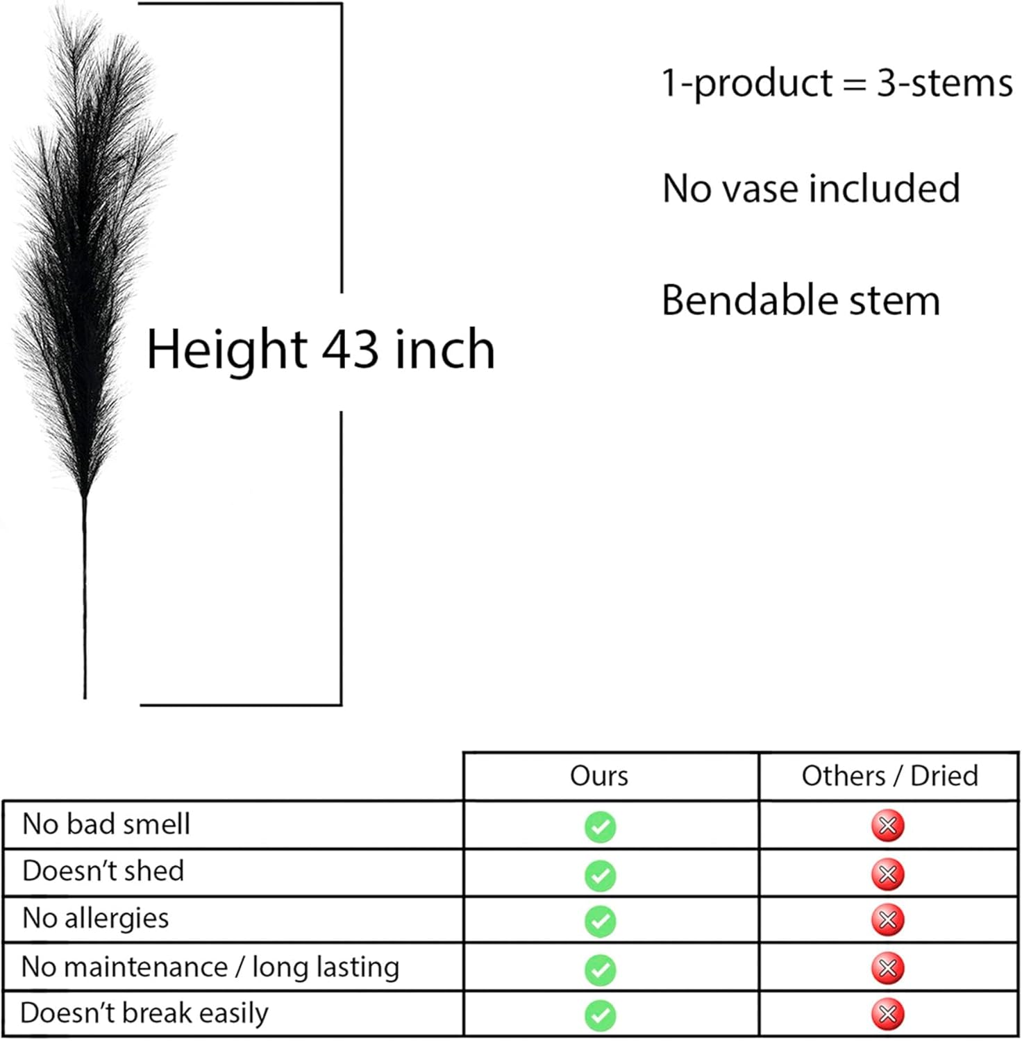 LifeJournal 43 Inch Black Pampas Grass Decor 3-Pcs